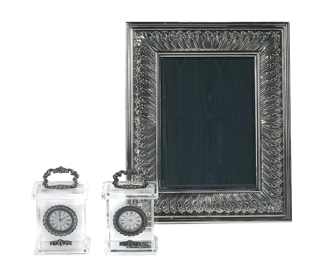 Three Buccellati Sterling Silver Desk Accessories: Three Buccellati Sterling Silver Desk Accessories contemporary, including: two limited edition lead crystal carriage clocks, with rococo-style bezel, handle and decorative mount, Nos. 157 and 176, h. 