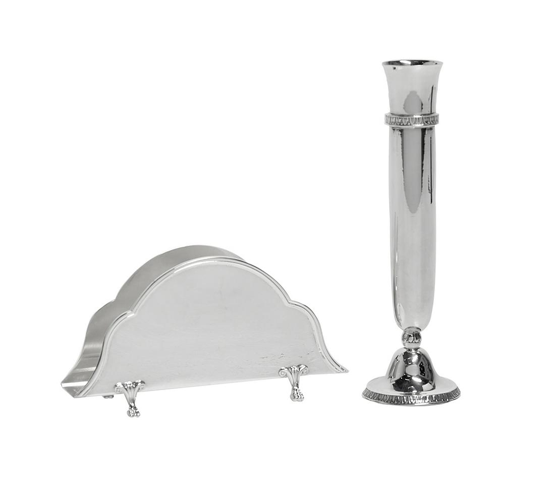 Two Italian Sterling Silver Desk Articles: Two Italian Sterling Silver Desk Articles contemporary, including: a Buccellati bud vase, Milan, with milled leaf-and-dart banding and base, h. 6-1/2", dia. 2"; and an Argenti Zaramella letter rack, P
