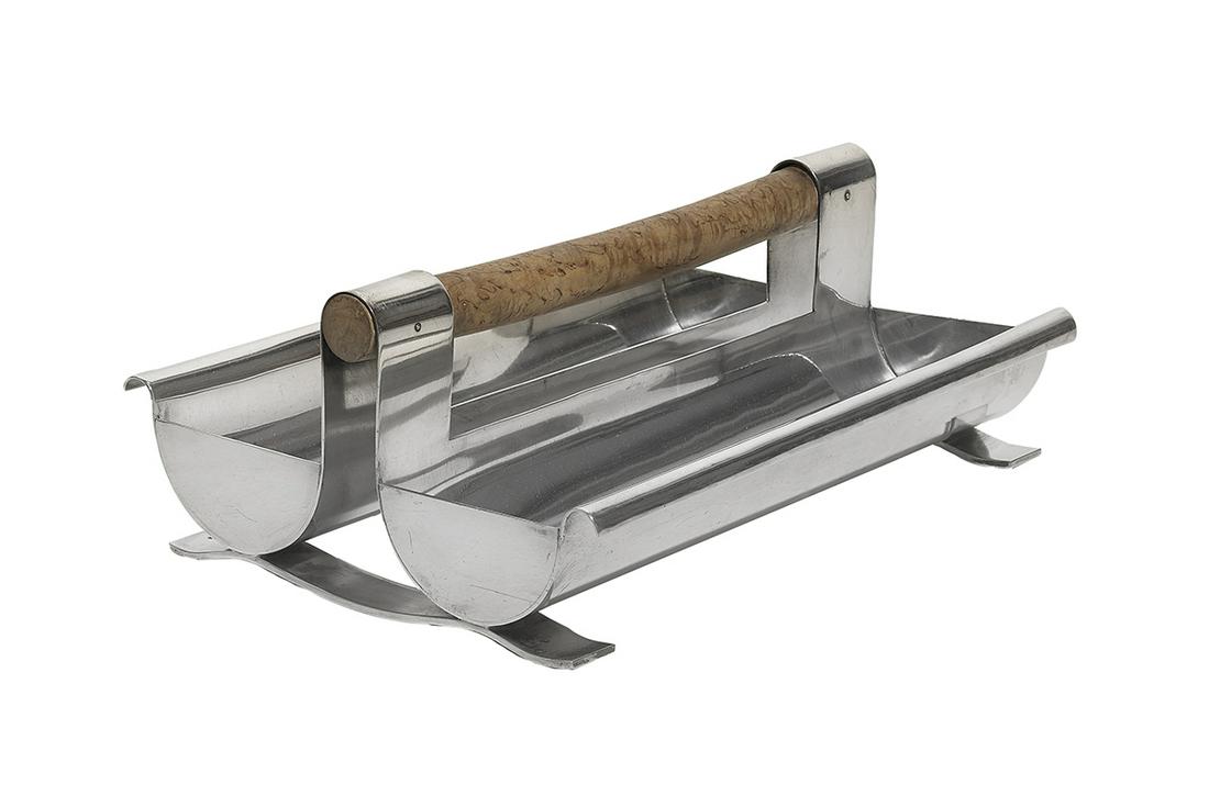 Christofle Modernist Silverplate Cutlery Tray: Christofle Gallia Modernist Silverplate Cutlery Tray contemporary, Paris, with a pair of hemicylindrical trays with everted rims and joined by arches to a turned burl elm handle, raised on strap feet.
