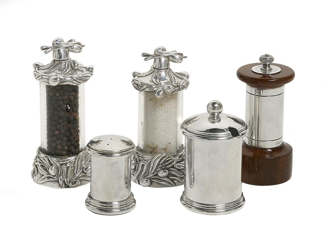 Five French Silverplate Condiment Casters: Five French Silverplate Condiment Casters contemporary, Paris, including: a Christofle grinder with mahogany base and cap, h. 4-1/2", dia. 2-1/8"; a Puiforcat caster, cylindrical with molded rim, h. 2