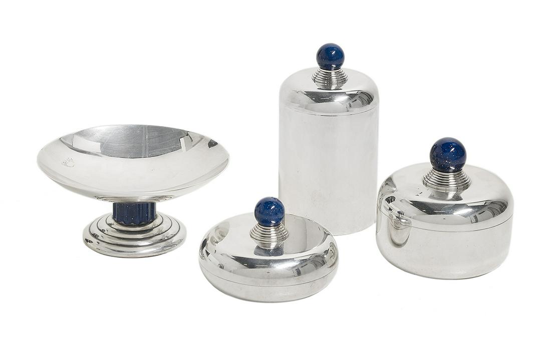 4 Pieces of Puiforcat "Lapis" Enamel Tableware: Four Pieces of Puiforcat "Lapis" Enamel Silverplate Tableware contemporary, Paris, including: a set of three graduated jars with spherical enamel finials on annular mounts, h. 2-1/4", dia. 3-1/2", h. 