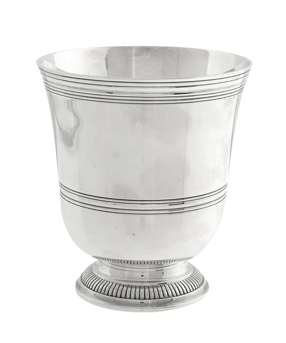 Large Puiforcat Silverplate Beaker: Large Puiforcat Silverplate Beaker contemporary, Paris, in the Louis XVI taste, with molded banding and gadrooned foot-ring. h. 5-3/4", dia. 5"