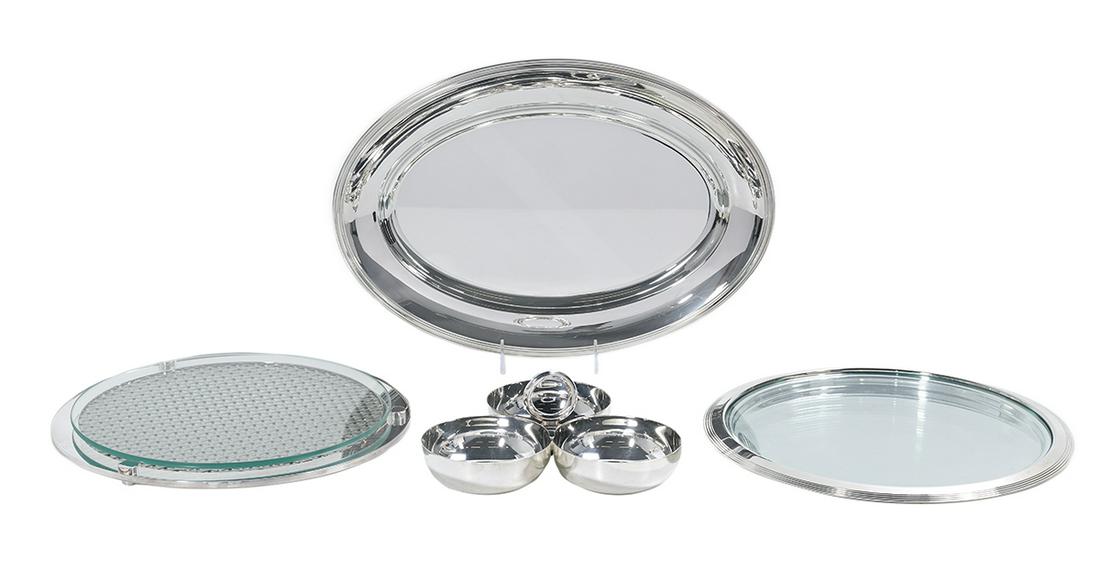 4 Pieces of French Silverplate Dining Tableware: Four Pieces of Christofle and Other Silverplate Dining Tableware contemporary, Paris, including: a Christofle "Vertigo" three bowl condiment dish, w. 9"; a Christofle "Normandie" cheese plate with gla