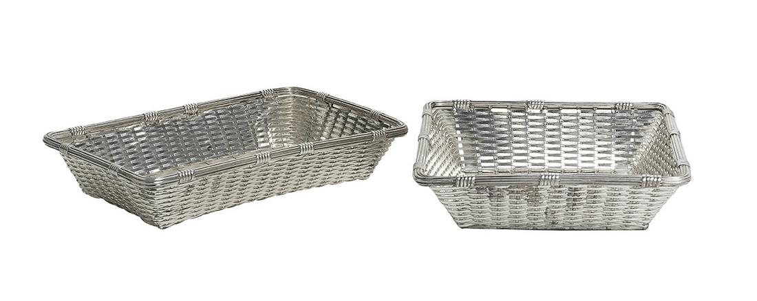 Two Christofle Silverplate Baskets: Two Christofle Silverplate Baskets contemporary, Paris, with reeded rim and woven silverplate straps, one square, 2-1/2" x 8-1/2" x 8-1/2"; one rectangular, 2" x 7" x 10-3/8".