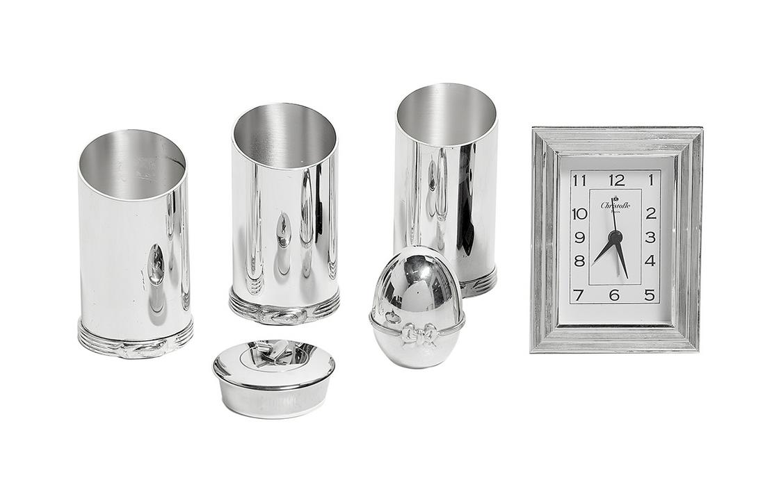 Six Christofle Silverplate Desk Accessories: Six Christofle Silverplate Desk Accessories contemporary, Paris, including: three pencil caddies with reeded base, h. 4-1/2", dia. 2-3/8"; a bonbonniere with cupid's heart finial, h. 1-1/4", dia. 2-1/