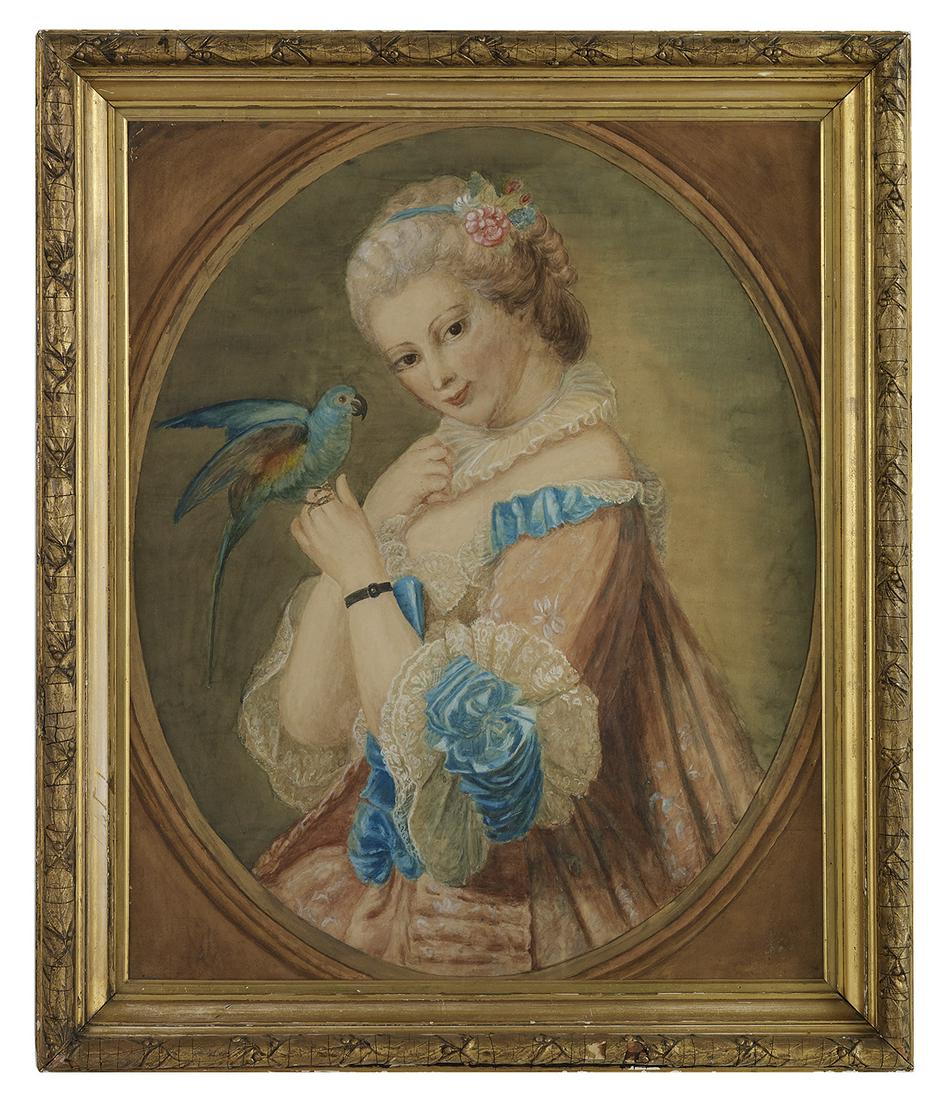 Continental School, (Fourth Quarter 19th Century): Continental School (Fourth Quarter 19th Century) "Young Woman with Her Pet Parrot" watercolor and gouache on paper unsigned. Glazed and framed. sight 32" x 25", framed 39" x 33" Provenance: Estate of 