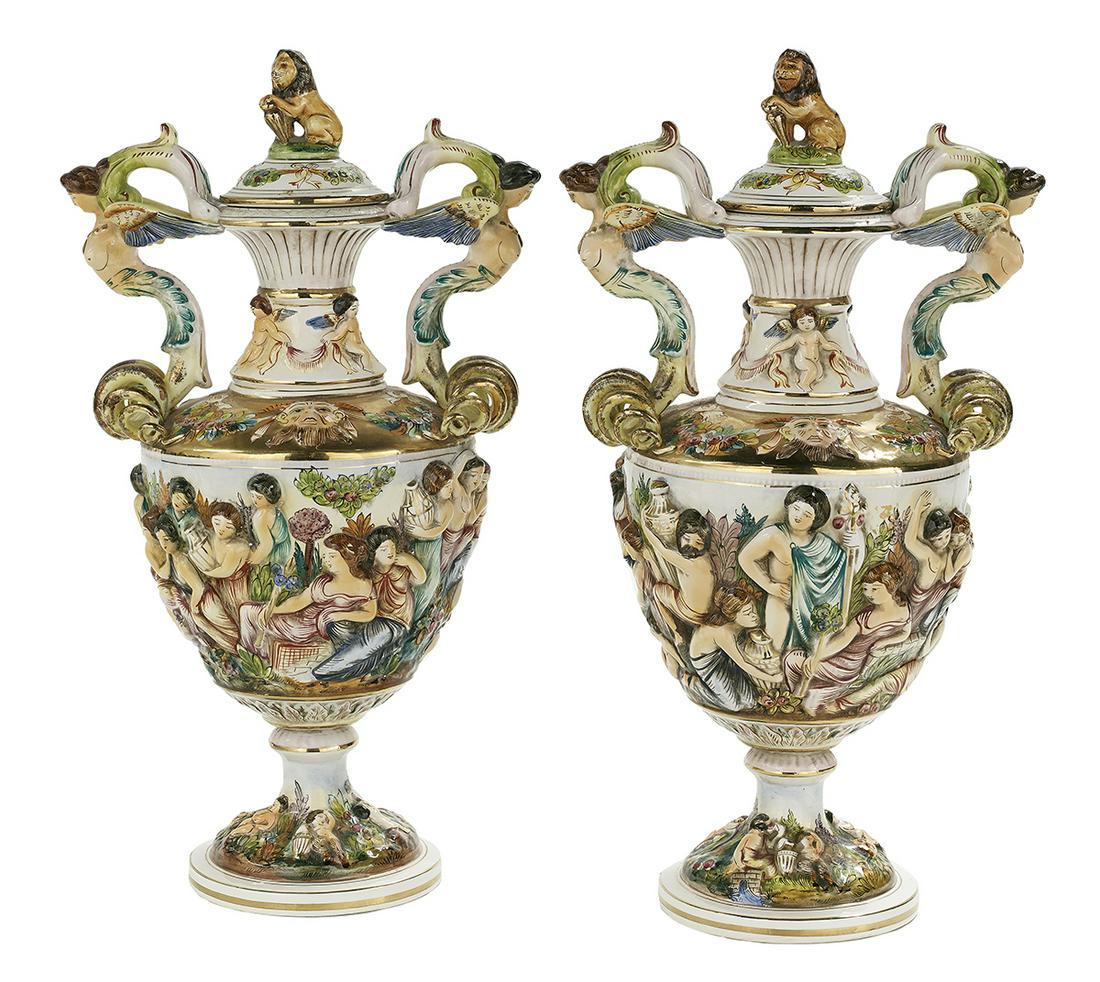 Pr of Italian R. Capodimonte Pottery Covered Urns (1 of 3)