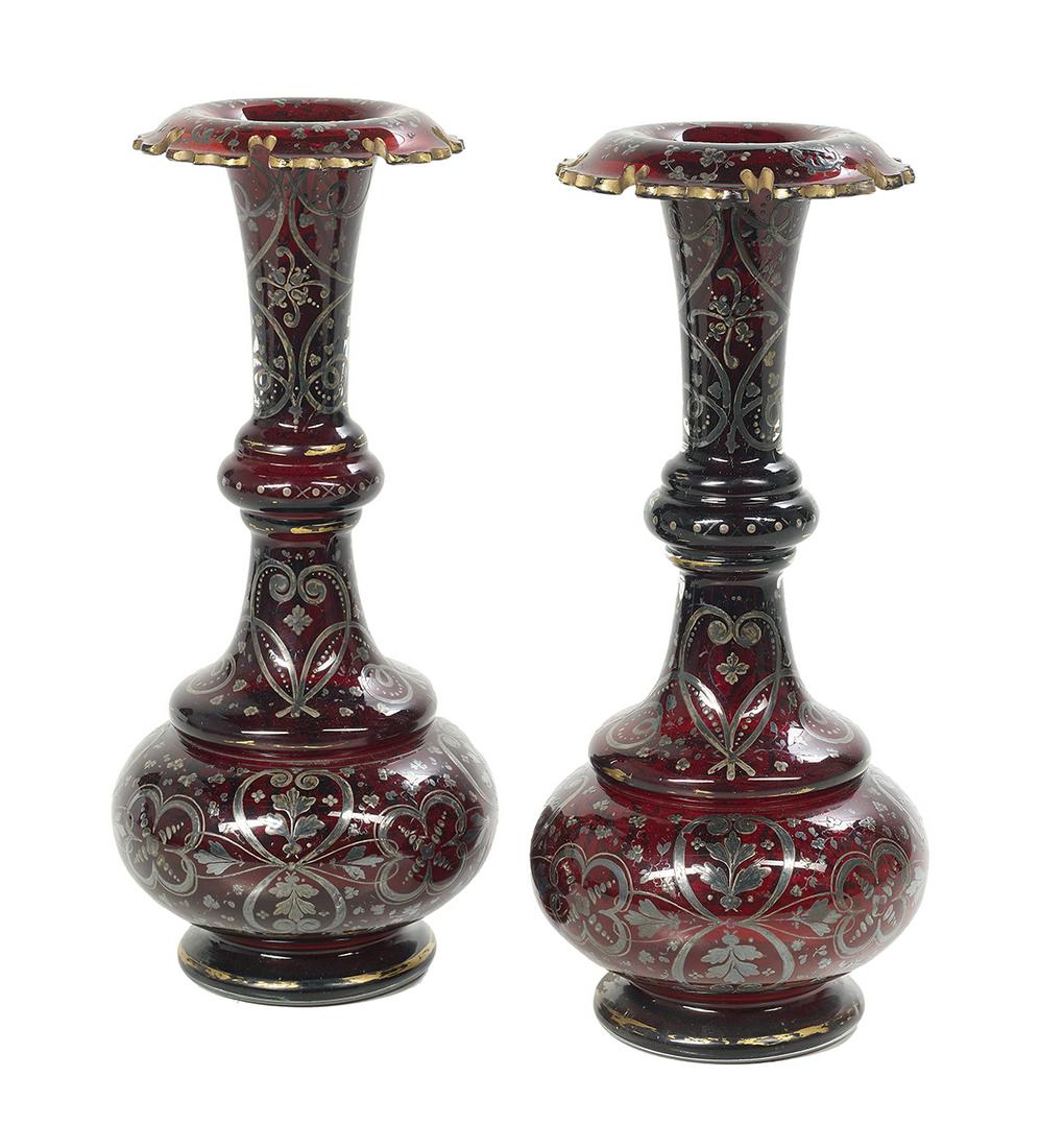 Pair of Unusual Silver Deposit Ruby Glass Vases (1 of 1)