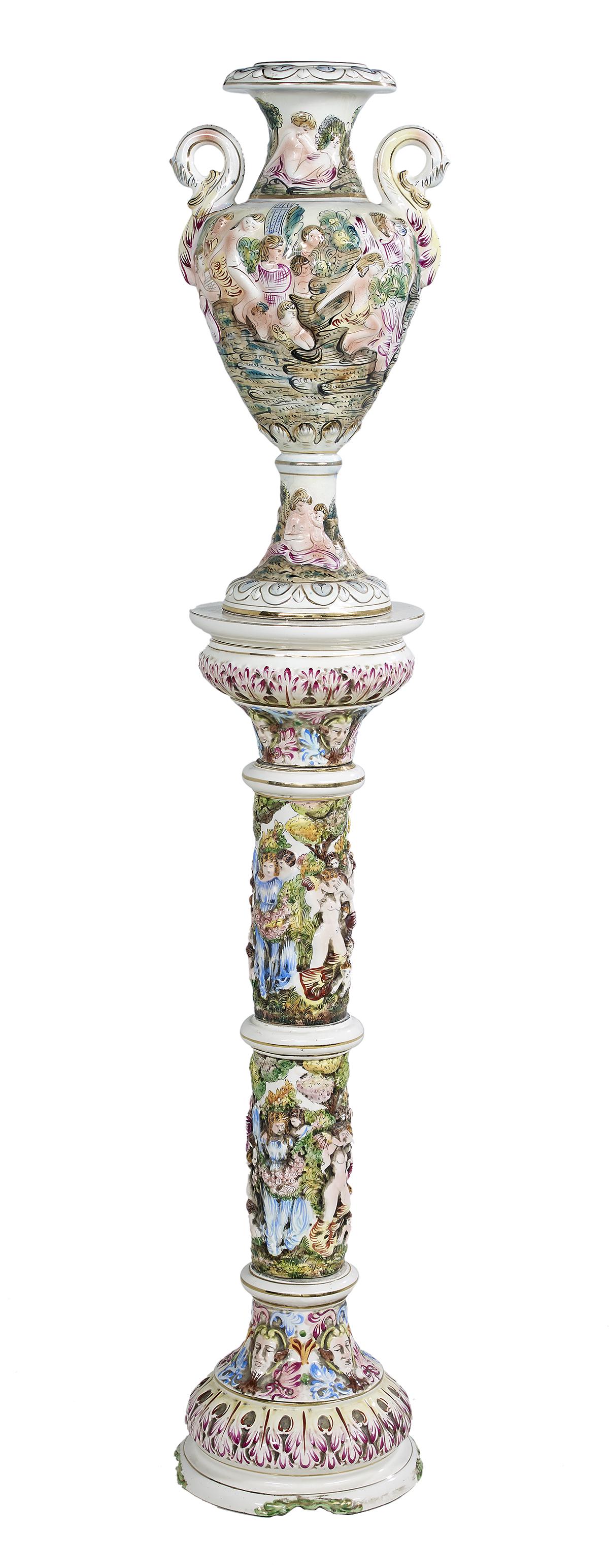 Italian Capodimonte Molded Pottery Urn & Pedestal (1 of 2)