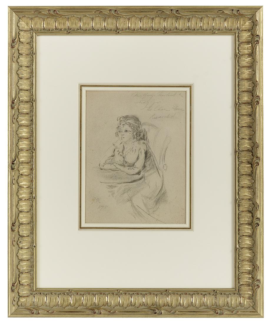 James Ward, (British, 1769-1859): James Ward (British, 1769-1859) "Study of Mrs. George Morland for the 'Clean Face Rewarded'", 1797 graphite on paper monogramed and dated lower left, titled upper right. Matted, glazed and framed. sig