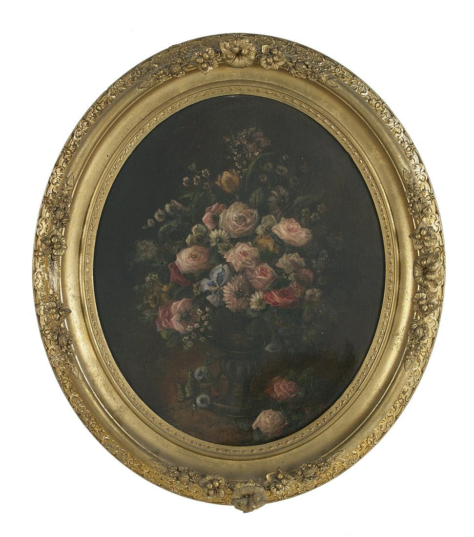 British School, (19th Century): British School (19th Century) "Floral Still Life with Pink Roses and Daisies" oil on canvas laid down on board signed "L. Douglas" lower right. Framed. 30" x 26", framed 38" x 36" Provenance: The Esta