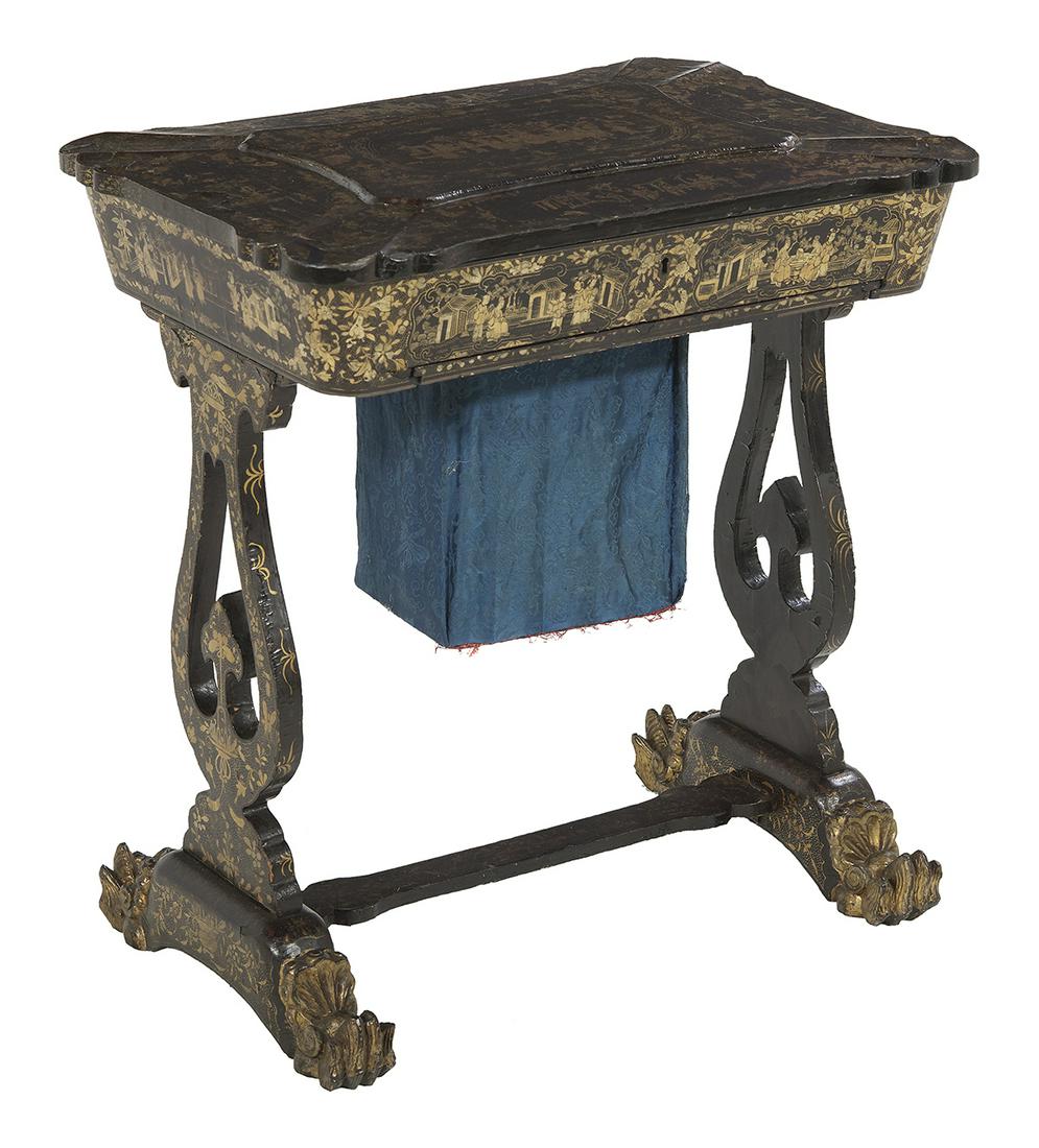 Chinese Export Ebonized Work Table: Chinese Export Ebonized Work Table mid-19th century, the stepped and shaped rectangular top hinged and opening to a compartmented interior fitted with various bone sewing implements, above a pull-out 