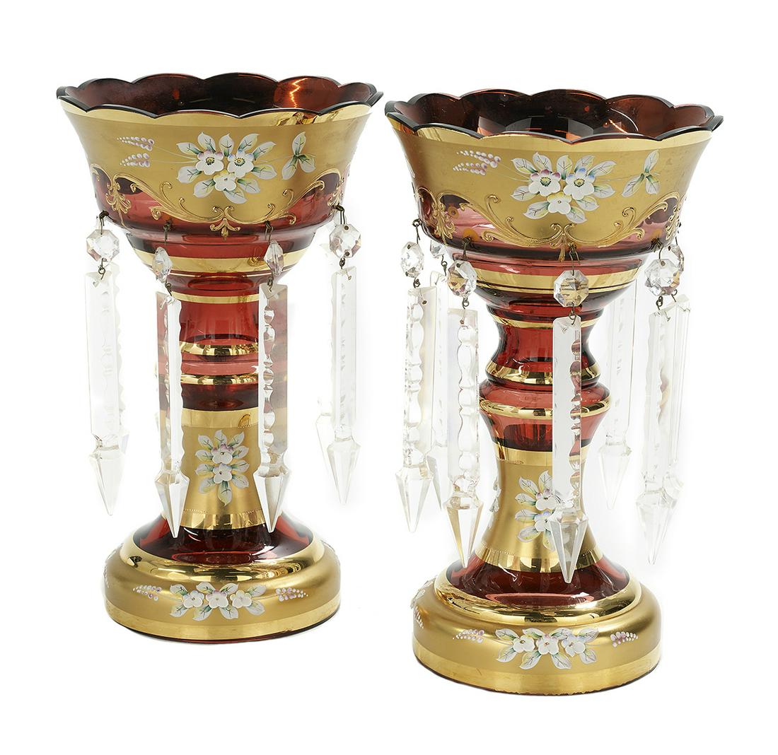 Pair of Bohemian Glass & Enameled Mantel Lustres (1 of 1)