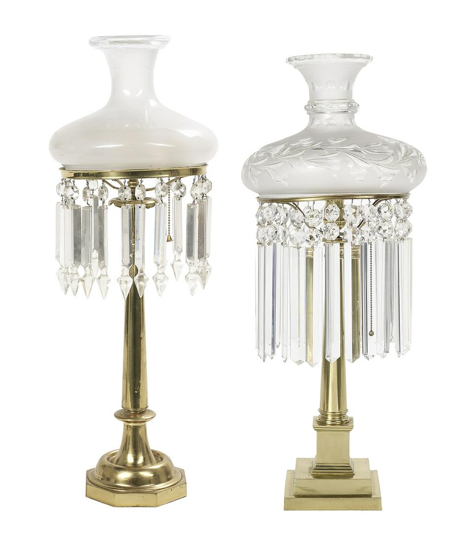 Two Polished Bronze Sinumbra Standards: Two Polished Bronze Sinumbra Standards, Mounted as Lamps second quarter 19th century and later, one example with a faceted base and leaf-molded capital, set with a rare frosted sinumbra shade with a f