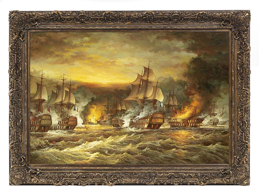 Decorative British Framed Canvas: Decorative British Framed Canvas of "The Battle of Trafalgar", 20th century, depicting the pivotal moment of The Napoleon Wars, when the vastly outnumbered British Navy led by Admiral Nelson defeats t