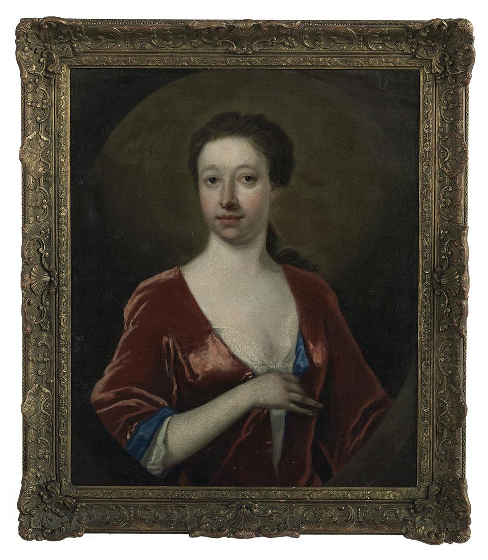 British School, (Fourth Quarter 18th Century): British School (Fourth Quarter 18th Century) "Portrait of a Lady in a Red Silk Dress" oil on canvas unsigned. Framed. 30" x 25", framed 35-3/4" x 30-1/2" Provenance: Collection of James Harris, PhD, O