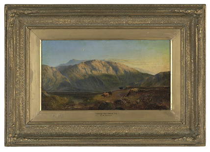 Sidney Richard Percy (British, 1821-1886): Sidney Richard Percy (British, 1821-1886) "Evening near Glencoe by the Trossachs", 1877 oil on canvas signed and dated lower left, titled on frame. Framed. 10" x 18", framed 19-1/2" x 27-1/4"