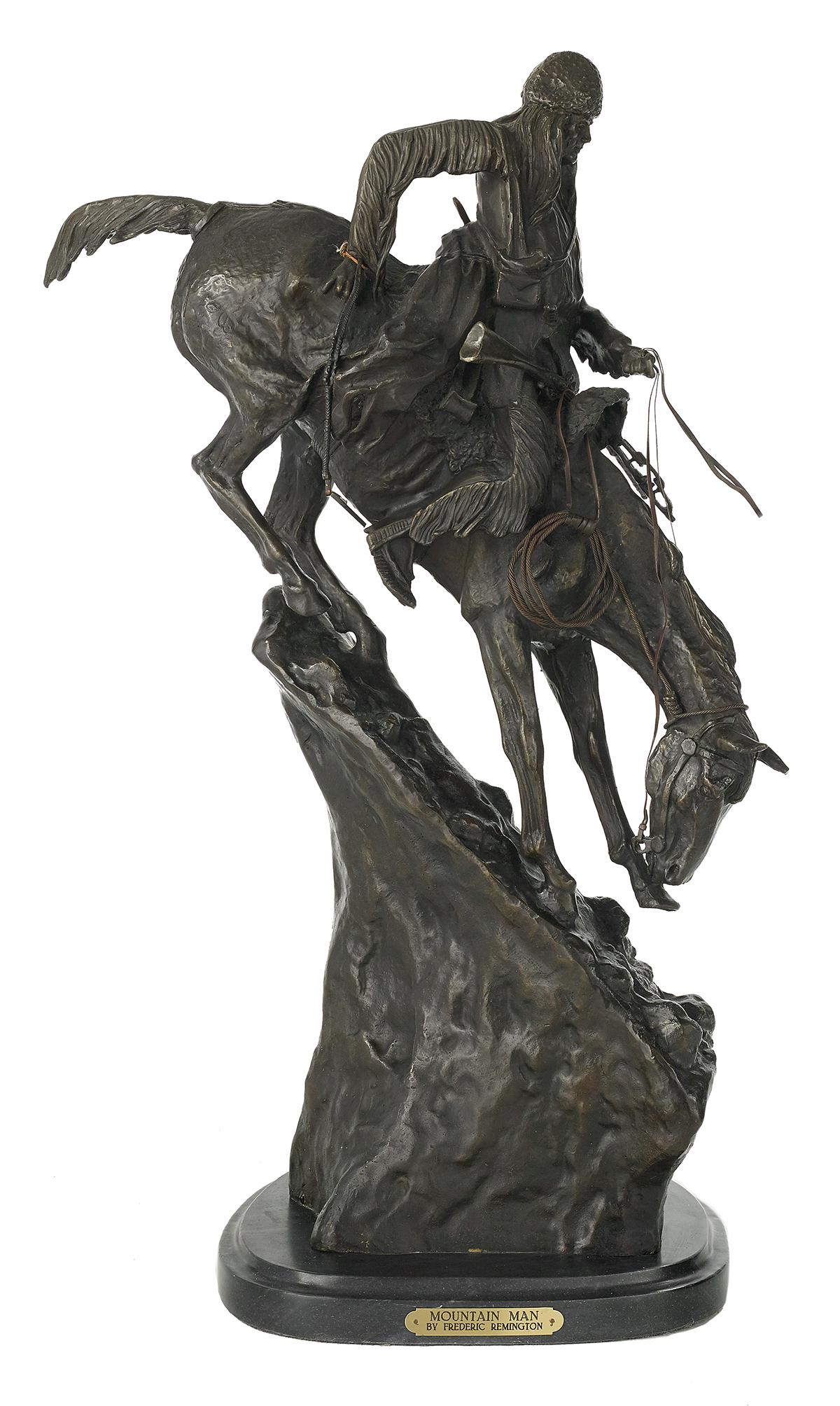 After Frederic S. Remington, (American,1861-1909): After Frederic Sackrider Remington (American, 1861-1909) "Mountain Man", late 20th century patinated bronze cast signature on side of self-base, mounted on a composite marble base with a brass artist 
