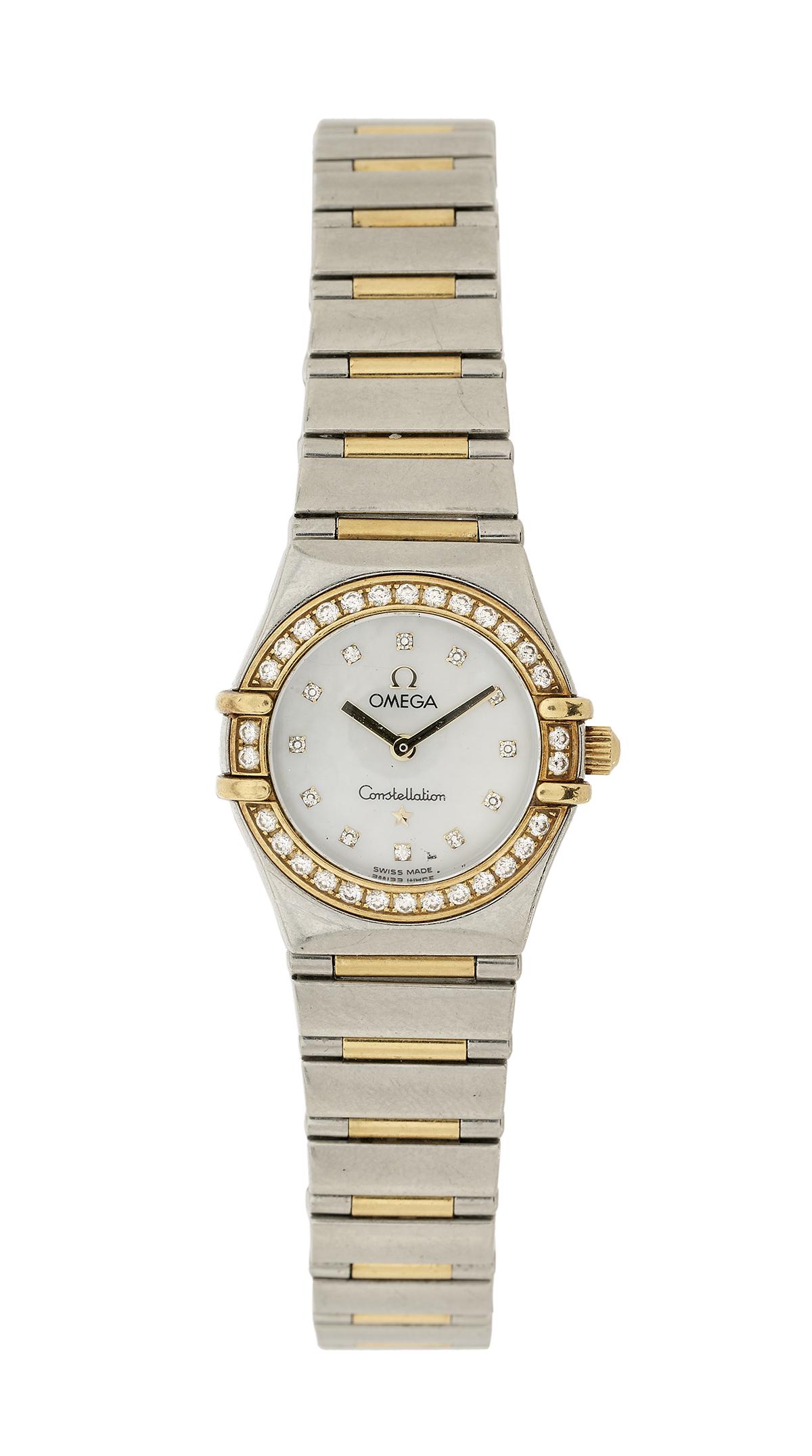 Lady: Lady's Omega Constellation Watch stainless steel/18k yellow gold, mounted with round brilliant-cut diamonds accenting the bezel and markers of the mother-of-pearl face, with an approximate total weigh