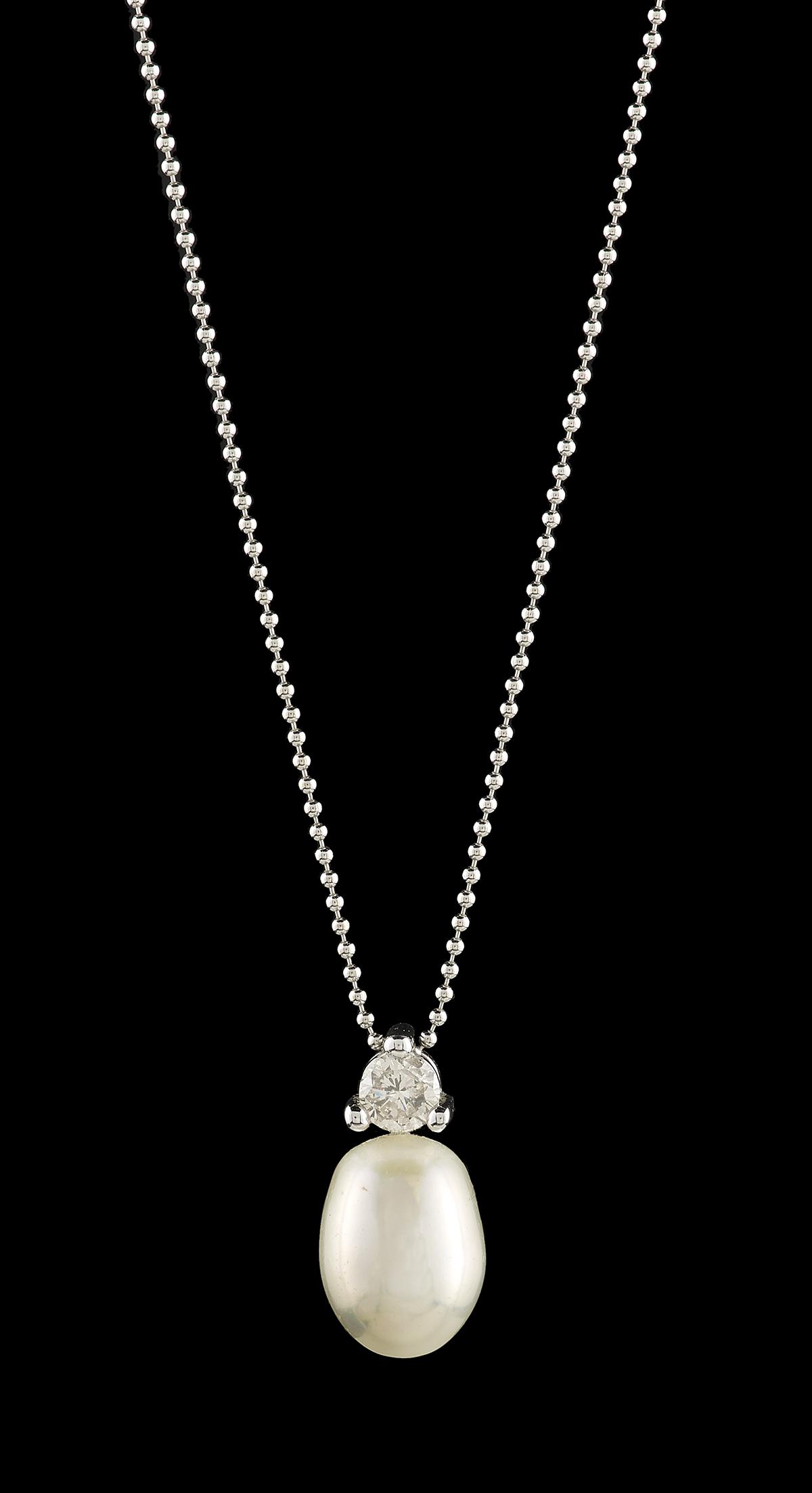 Pearl and Diamond Pendant with Chain: Pearl and Diamond Pendant with Chain 18k white gold, the pendant mounted with a baroque freshwater pearl and set with a round brilliant-cut diamond weighing approximately 0.20 carats, suspended from a