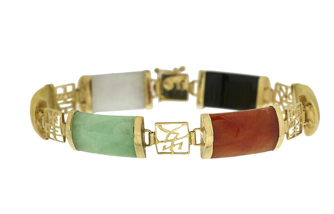 Multi-Stone Bracelet: Multi-Stone Bracelet 14k yellow gold, the bracelet mounted with onyx, jadeite, aventurine and quartz. l. 7", total weight 11.2 grams