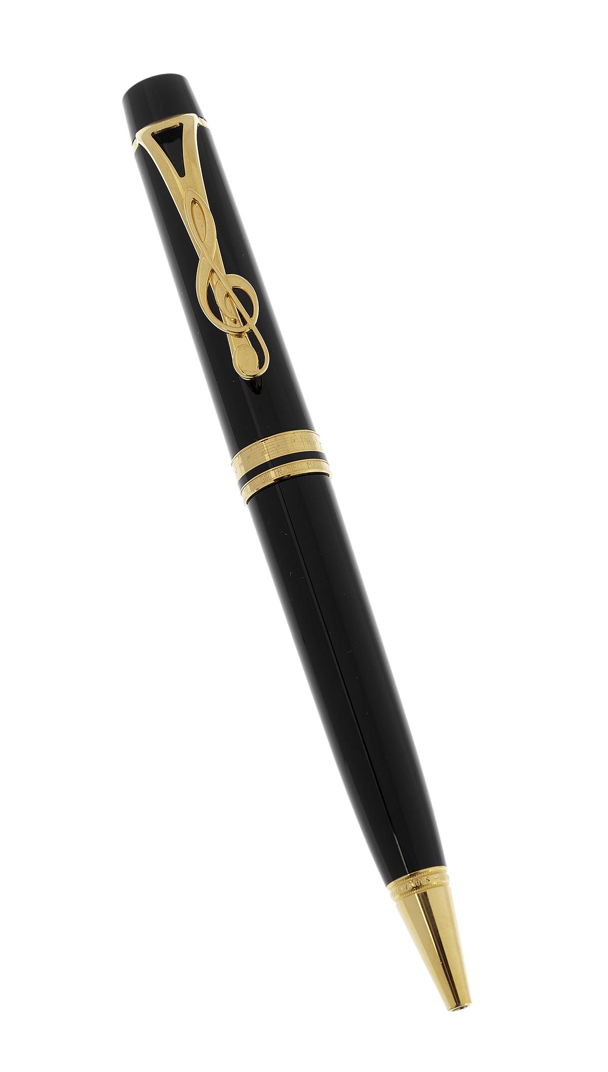 Montblanc "Leonard Bernstein" Meisterstuck Pen: Montblanc "Leonard Bernstein" Meisterstuck Ballpoint Pen the gold-plated rings inscribed with music and lyrics from the song "Maria" from West Side Story, the clip in the shape of a clef symbol.