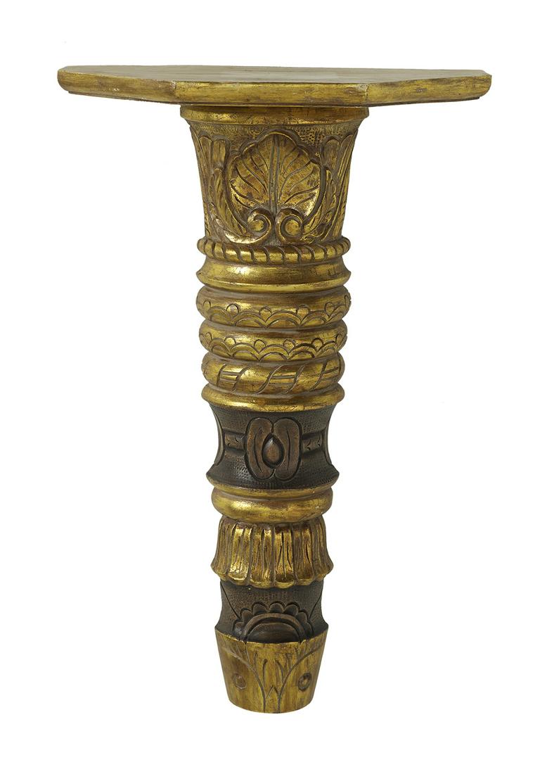 Giltwood Bracket of Middle Eastern Influence: Unusual Giltwood Bracket of Middle Eastern Influence 20th century, the turned and carved standard decorated with alternating gilt portions, the pentagon-shaped top underside carved with lotus blossoms