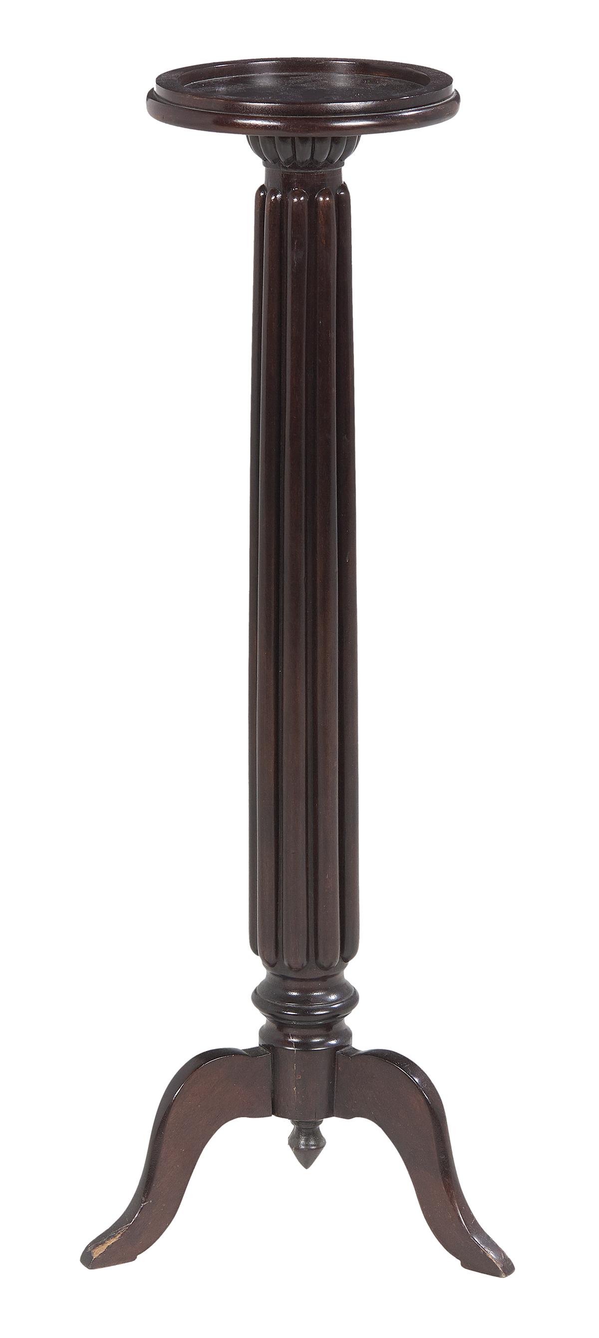 George III-Style Mahogany Pedestal: George III-Style Mahogany Pedestal 19th century, the dished circular top supported by a ribbed circular standard to three splayed cabriole legs. h. 38-1/2", dia. 10" Provenance: Bruce McCashin Collect