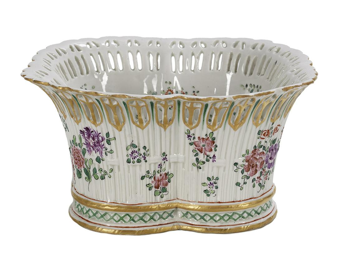 Samson Porcelain Reticulated Lobed Basket: Samson Hand-Painted Porcelain Reticulated Lobed Basket with a faux Chinese character mark. h. 4-1/2", w. 8-1/2", d. 8-1/2" Provenance: Bruce McCashin Collection.