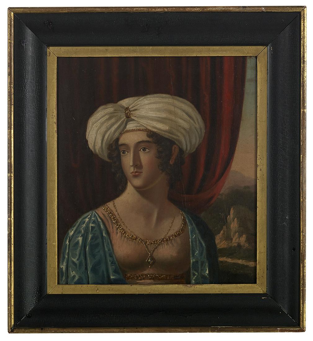 British School, (19th Century): British School (19th Century) "Portrait of a Woman Wearing a Jeweled Turban" oil on panel verso inscribed "Fatima". Framed. 17" x 15", framed 24" x 21"