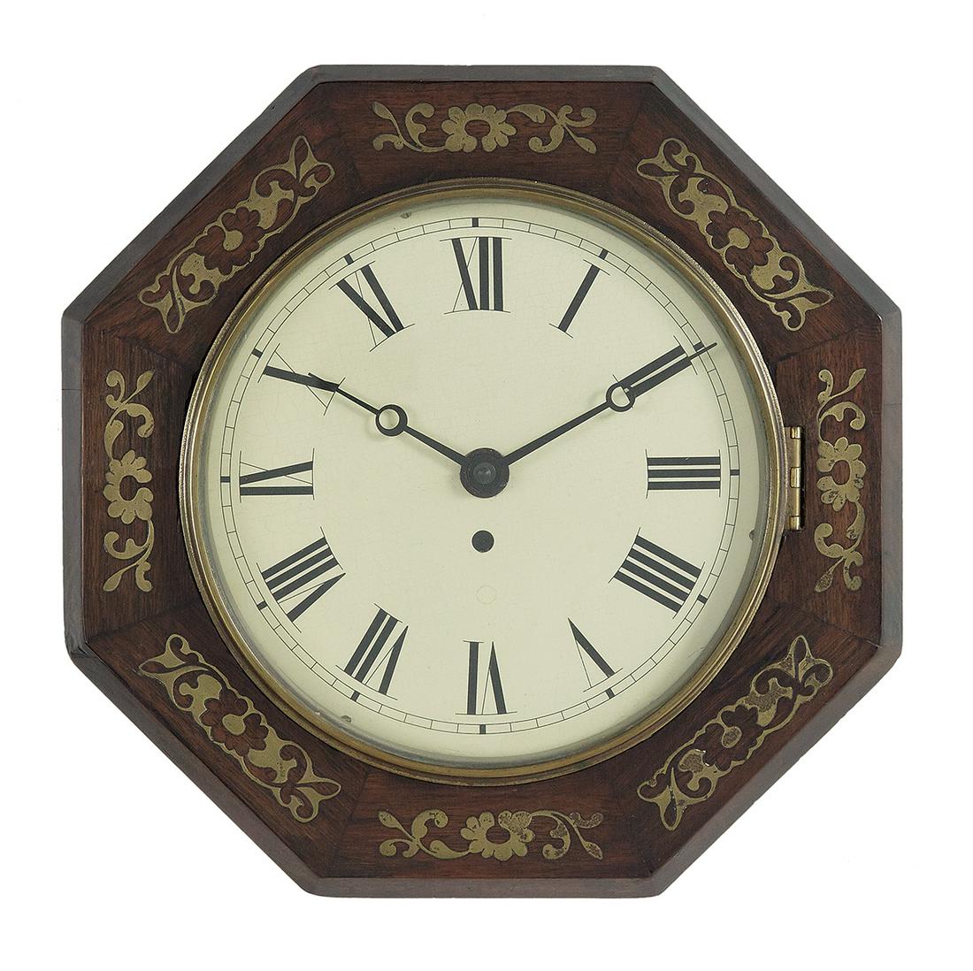 Victorian Brass-Inlaid Rosewood Pub Clock: Victorian Brass-Inlaid Rosewood Pub Clock third quarter 19th century, the octagonal clock with a partial label on the back. dia. 14-1/4" Provenance: Bruce McCashin Collection.