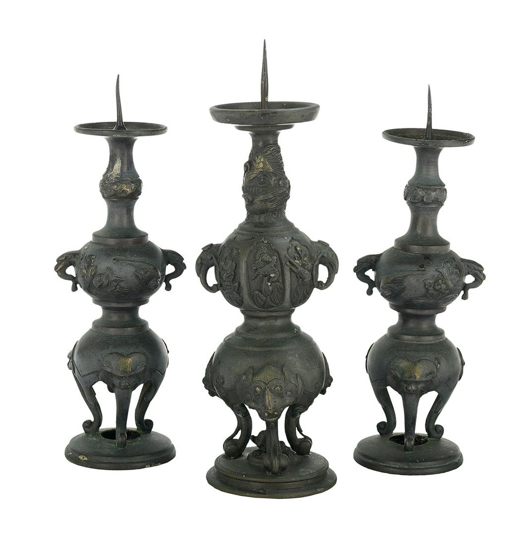 Three Chinese Bronze Pricket Candlesticks (1 of 1)