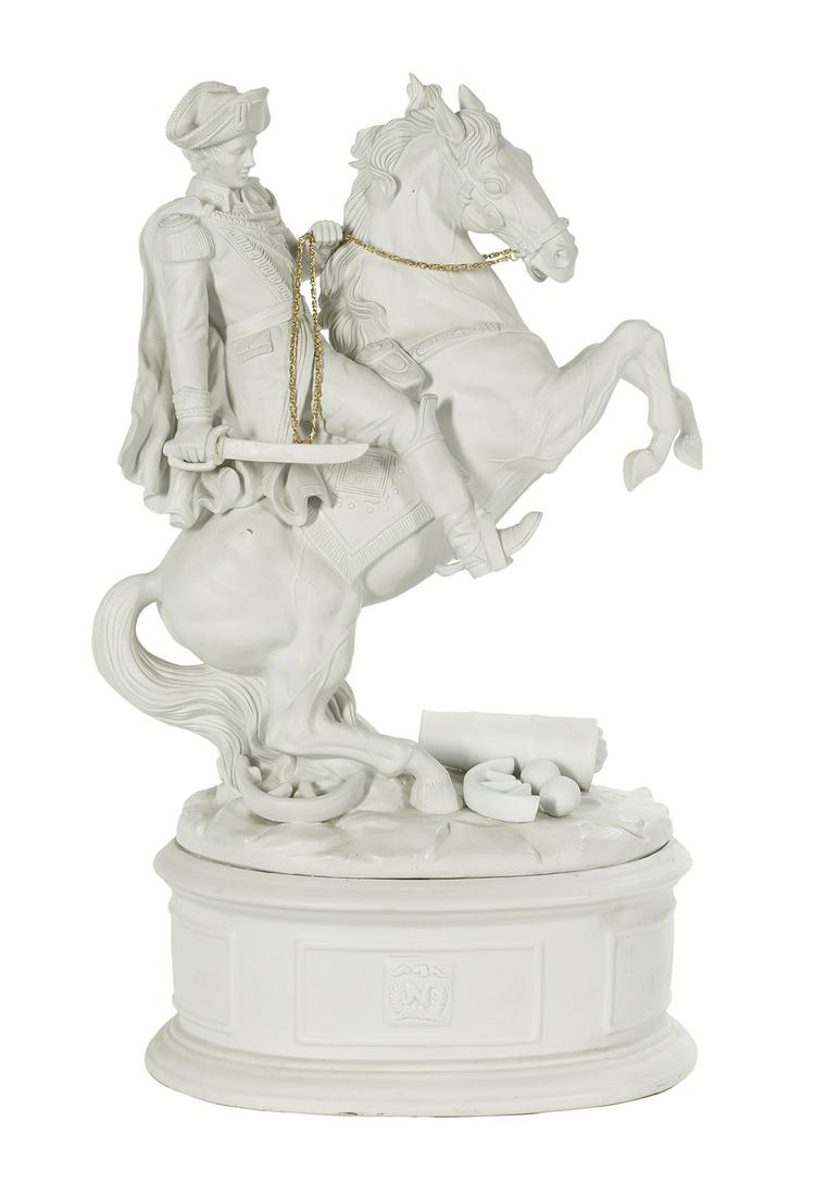 Biscuit Porcelain Figure of Napoleon: Biscuit Porcelain Figure of Napoleon Crossing the Alps 20th century, the uniformed Napoleon modeled on horseback, with a gilt-brass bridle, the base with a broken cannon. h. 8-1/2", w. 15", d. 12-1/2"