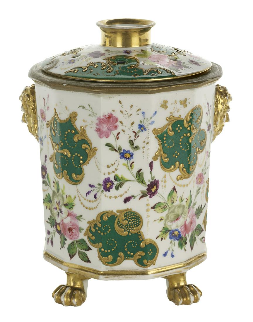 Good Paris Porcelain Faceted Bulb Pot: Good Paris Porcelain Faceted Bulb Pot second quarter 19th century, French, with satyr-head handles and hand-painted with flowers. h. 8-3/4", dia. 6-1/4" Provenance: Tobogan Antiques; Bruce McCashin Co