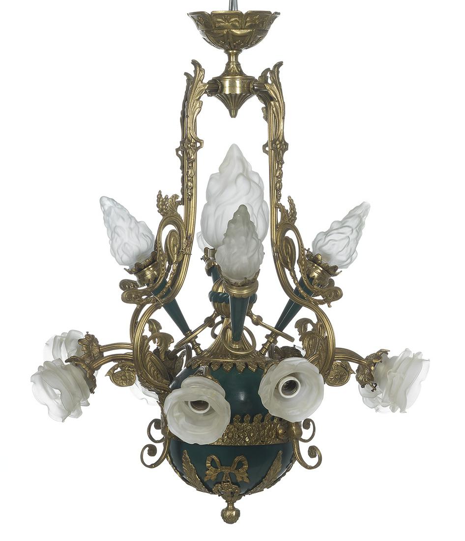 French Bronze and Green Enamel Chandelier (1 of 1)