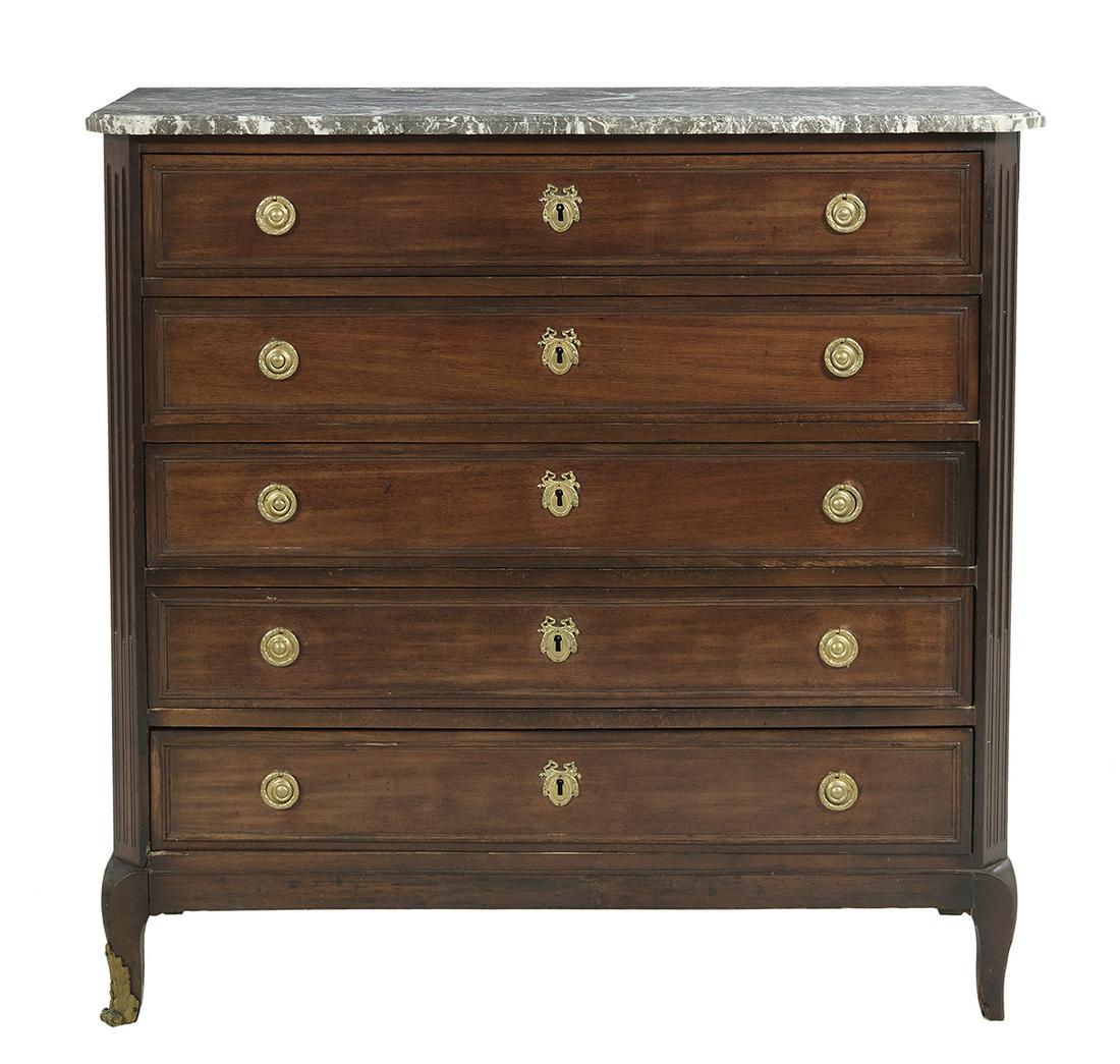 Louis XVI-Style Mahogany and Marble-Top Commode: Louis XVI-Style Mahogany and Marble-Top Commode late 18th century, the canted rectangular marble top above a conforming case fitted with five long paneled drawers, all flanked to either side by a cant