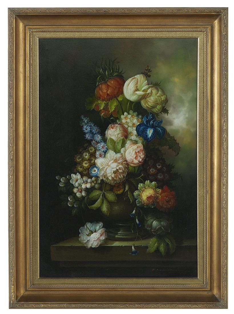 Continental School (20th Century): Continental School (20th Century) "Still Life of Flowers in a Vase" oil on canvas signed "B. Maximillian" lower right. Framed. 36" x 24", framed 44" x 32" Provenance: Estate of Margaret "Pat" Breen, H