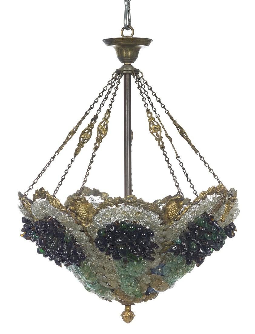 Unusual Murano Gilt-Metal and Glass Chandelier: Unusual Murano Gilt-Metal and Glass Chandelier third quarter 20th century, the molded frame decorated with grapes and flowerheads, the bowl divided into sections, each with a bunch of glass grapes, on