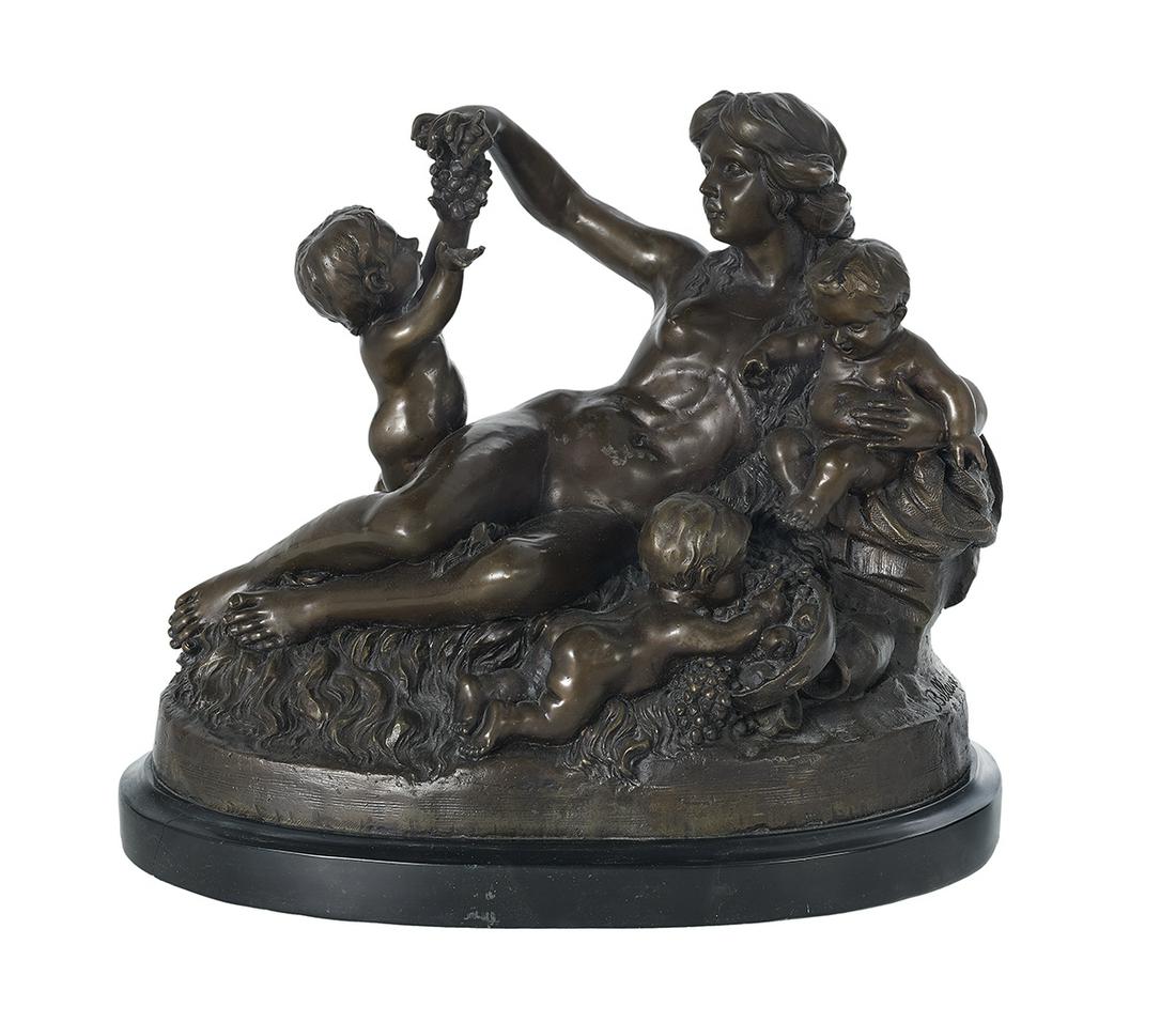 Patinated Bronze Figural Group: Patinated Bronze Figural Group 20th century, of Dionysian inspiration, depicting a reclining nude female feeding grapes to three playful babies. h. 11-1/2", w. 12", d. 6-1/2"