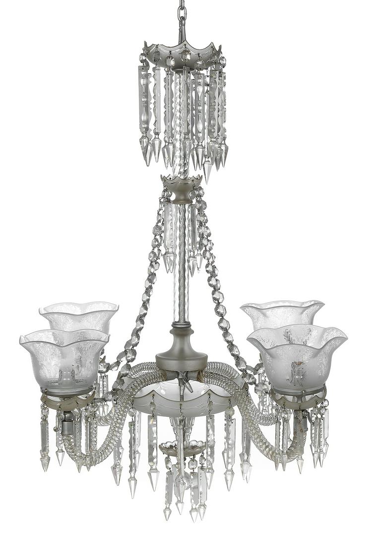 Franco-Bohemian Cut and Frosted Crystal Gasolier: Franco-Bohemian Cut and Frosted Crystal Gasolier third quarter 19th century, the four-light gasolier with a rope-twist glass standard, and rope-twist arms terminating in cut and frosted prism holders 