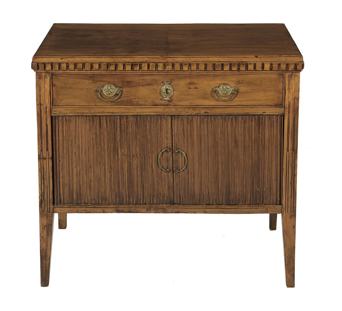 Unusua French Provincial Fruitwood Dressing Table: Unusual French Provincial Fruitwood Dressing Table 18th century, in the Directoire taste, the top hinged and opening to a fitted interior, the underside of the lid with a mirror, the cabinet front wit