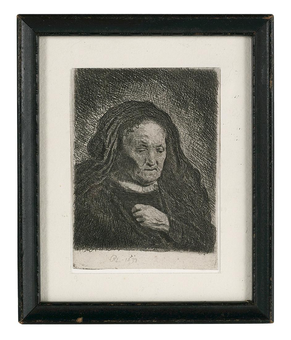 Rembrandt Harmenszoon van Rijn (Dutch, 1606-1669): Rembrandt Harmenszoon van Rijn (Dutch, 1606-1669) "Artist's Mother with Her Hands on Her Chest", 1631 (Bartsch 349) etching on wove paper with later rework "Seine Colportage" stamp en verso. Matted, g