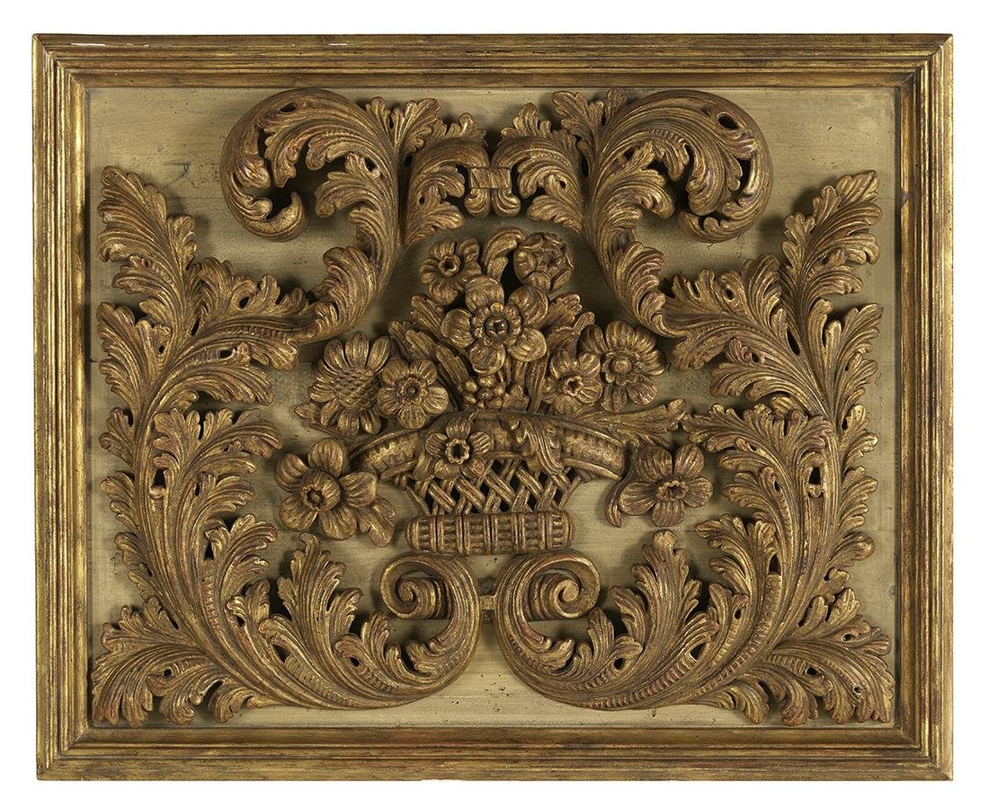 Baroque-Style Parcel-Gilt Plaque: Baroque-Style Parcel-Gilt Plaque 20th century, decorated with flowers in a latticework basket, framed with bold scrollwork and leafage on a tan-painted ground, in a gilded and reeded frame. h. 32-1/4"