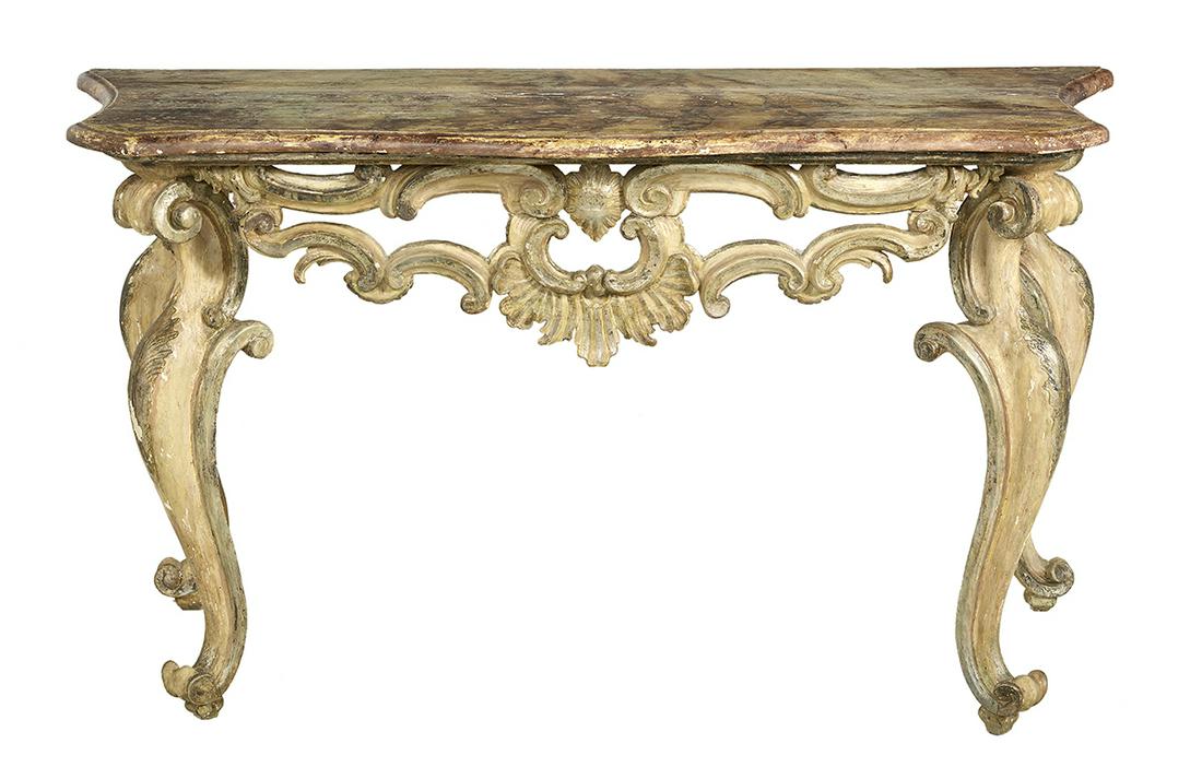 Exuberant Italian Polychrome Console Table: Exuberant Italian Polychrome and Faux Marbre Console Table 19th century, the shaped faux marbre top over a pierced and carved apron and raised on large cabriole legs ending in scrolled toes. h. 35", w