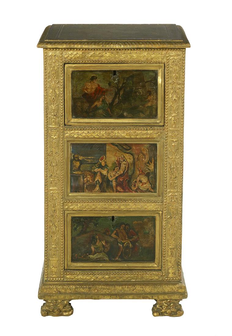 Italian Giltwood and Polychrome Commode: Italian Giltwood and Polychrome Commode 19th century, the rectangular top with a gadrooned edge and incised foliate patterns, above a conforming case fitted with three deep drawers, all fronted by fig