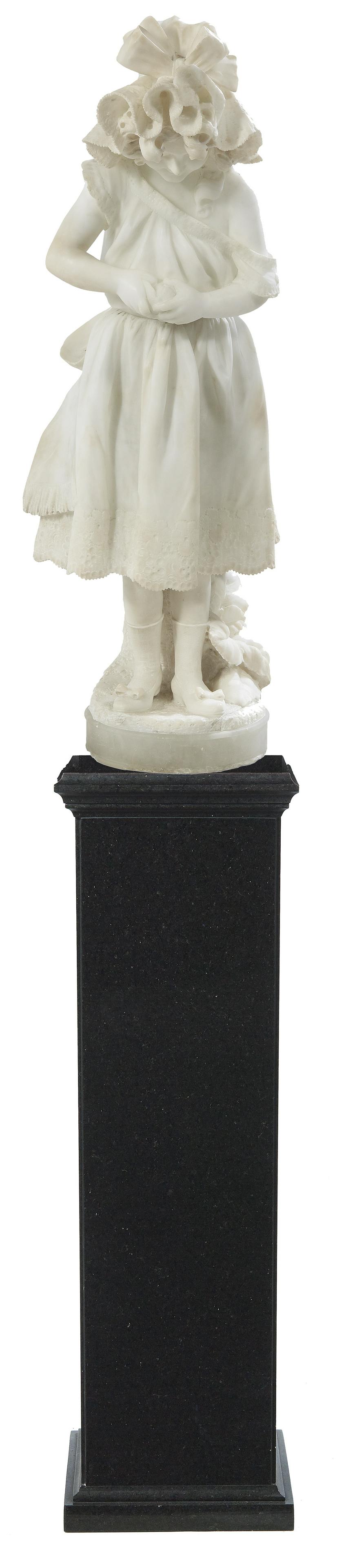 Pietro Giorgi (Italian, 19th/Early 20th Century): Pietro Giorgi (Italian, 19th/Early 20th Century) "Young Girl in a Lace Bonnet" carved alabaster ca. 1900, incised signature at back, now presented on a black marble square columnar plinth. sculpture h