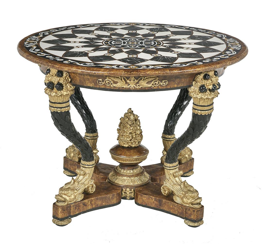 Neoclassical-Style Pietra Dura Center Table: Neoclassical-Style Ebonized, Parcel-Gilt and Pietra Dura Center Table the circular top with various inlaid marbles and raised on dolphin-carved legs with cornucopia capitals, the faux tortoiseshell ba