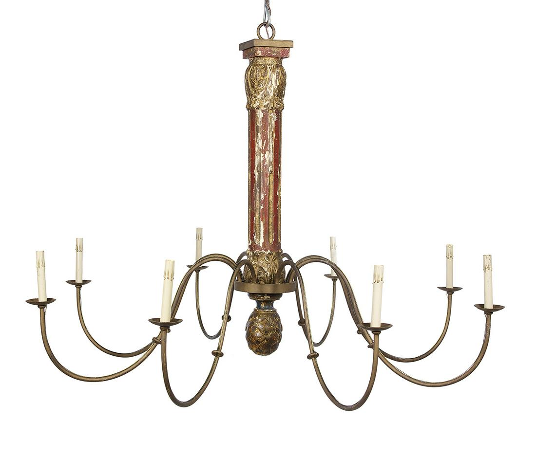Italian Parcel-Giltwood and Metal Chandelier: Italian Parcel-Giltwood and Metal Chandelier 20th century, in the neoclassical taste, the fluted standard carved with acanthus leaves and decorated with parcel gilding and red paint, above a pendant a