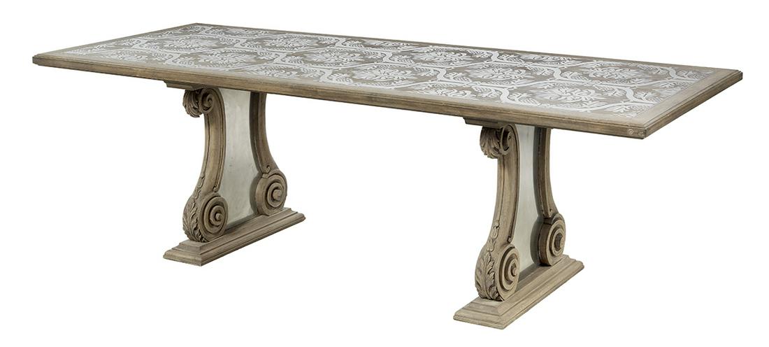 Florentine Steel-Inlaid and Elm Trestle Table: Florentine Contemporary Steel-Inlaid and Stained Elm Trestle Table bench made by i. Vassalletti, the laser-cut steel-inlaid top in the Impruneta pattern, based on damask by Antico Setificio Fiorentino