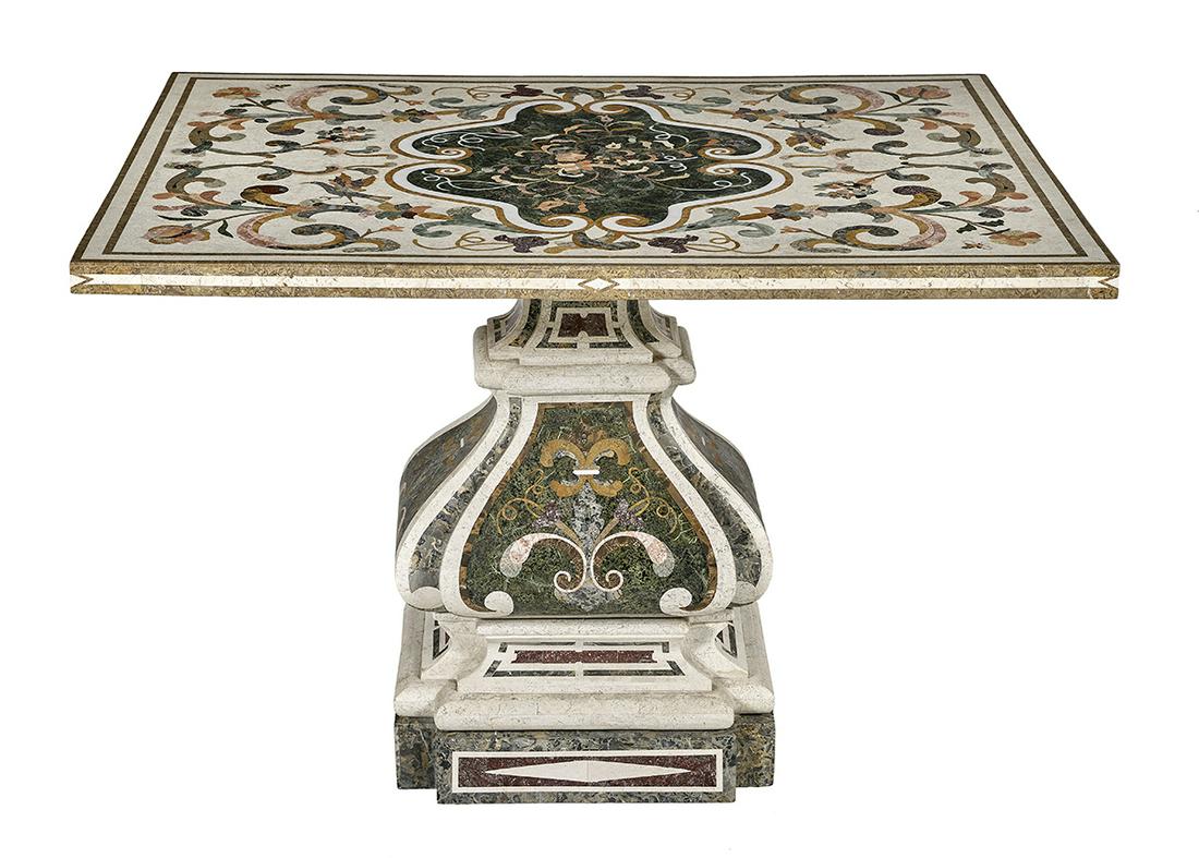 Renaissance-Style Pietra Dura Center Table: Renaissance-Style Pietra Dura Center Table the rectilinear top with avian, floral and scroll decor inlaid with various marbles, on a rectilinear vasiform standard with inlaid panels and a plinth base.